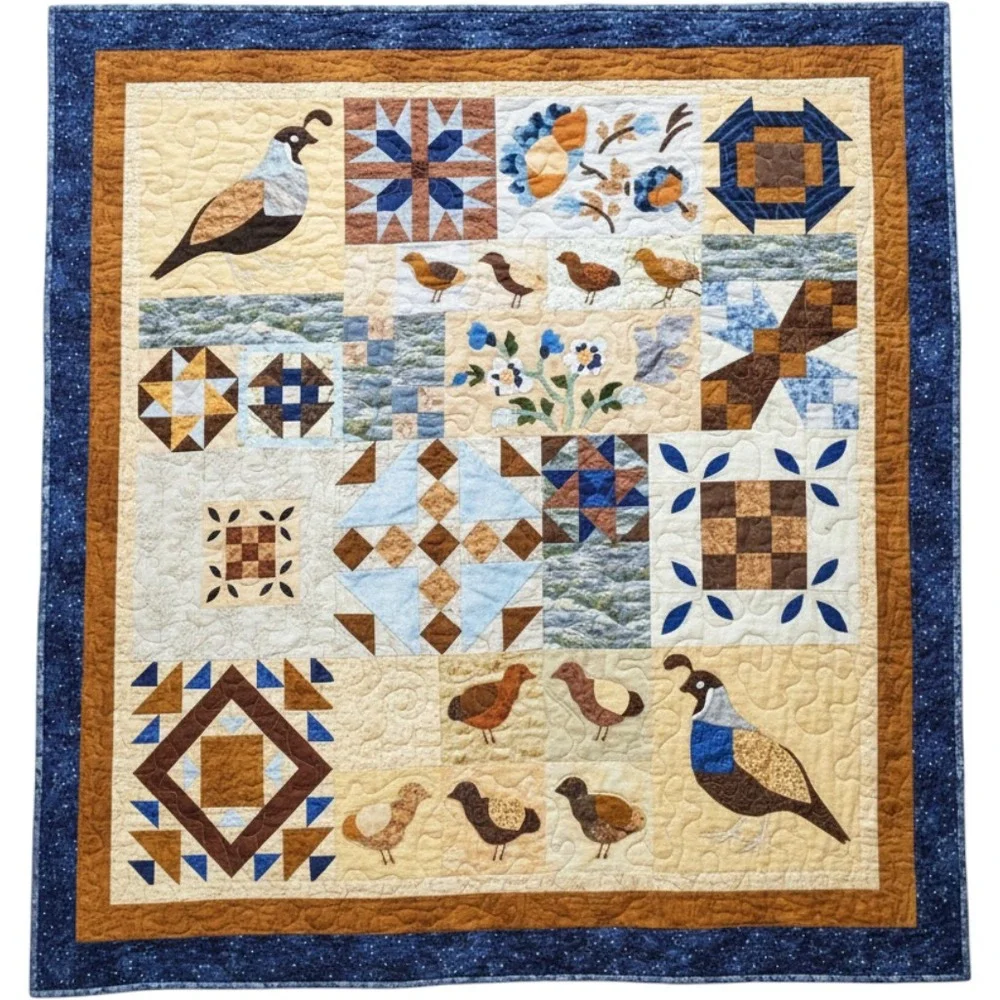 Handmade Patchwork Quilt Quail Bird Woodland Blue Brown Rustic Country Throw